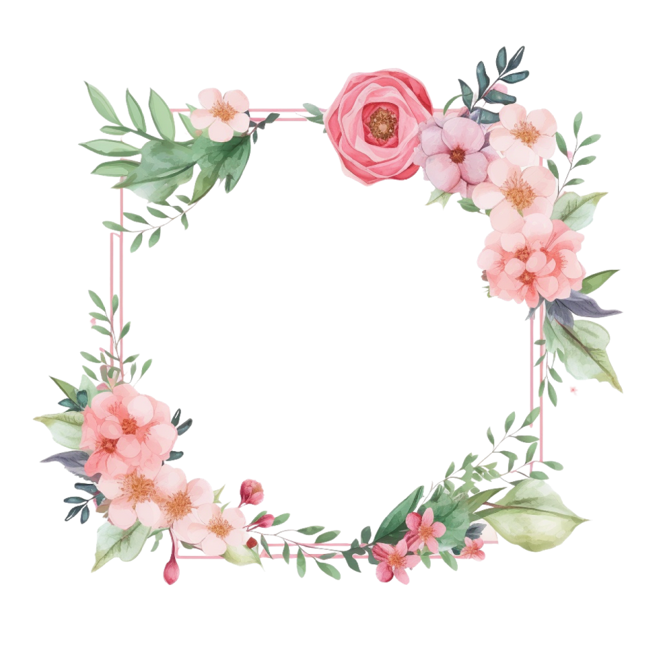 a floral wreath frame with pink flowers and green leaves