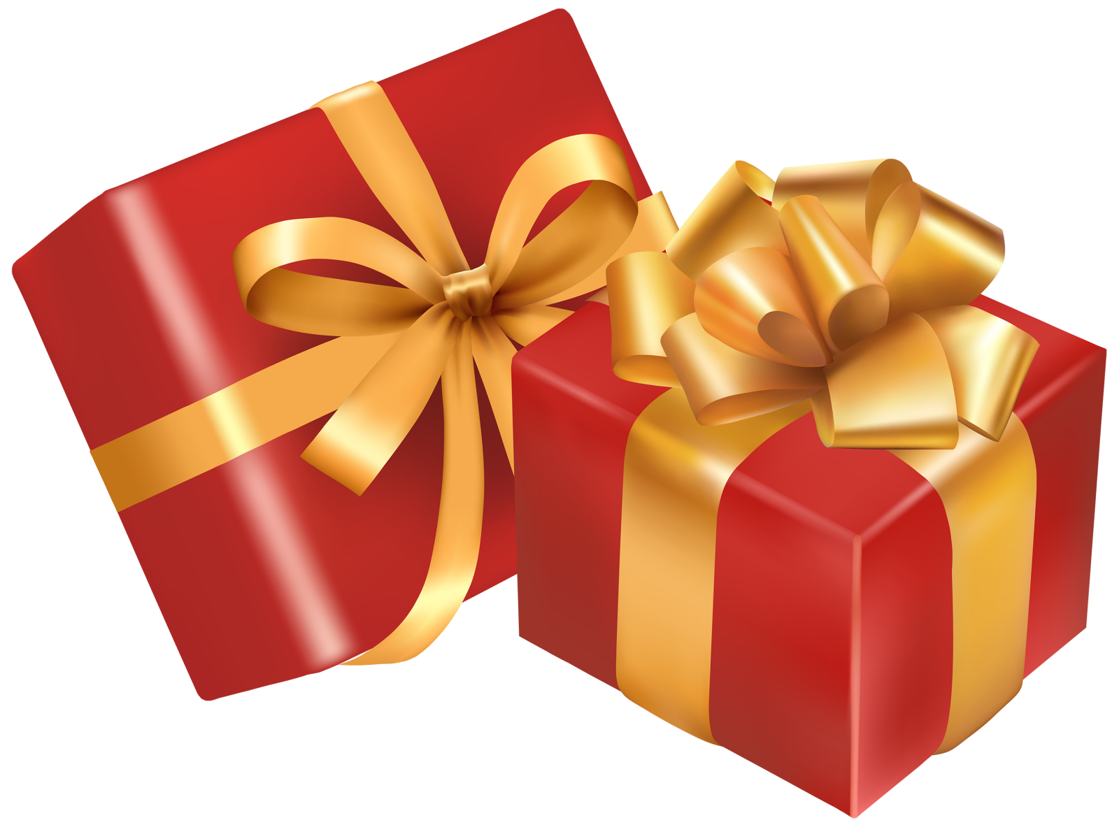 two red gift boxes with gold bows