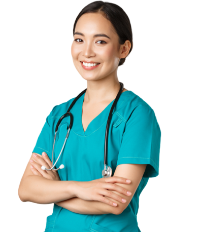 a woman in scrubs standing with her arms crossed
