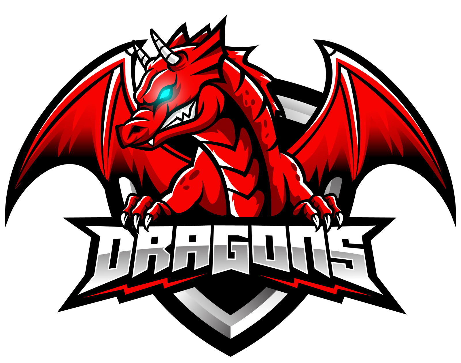 a red dragon logo on a white background