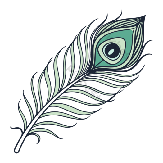 a green and black feather on a white background