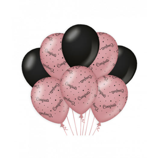 a bunch of pink and black balloons with the words happy birthday