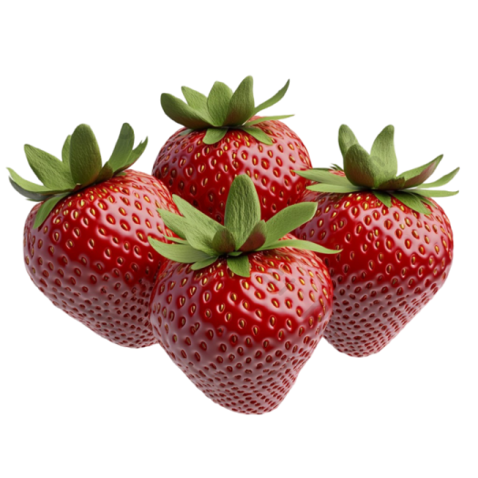 three strawberries with green leaves on top