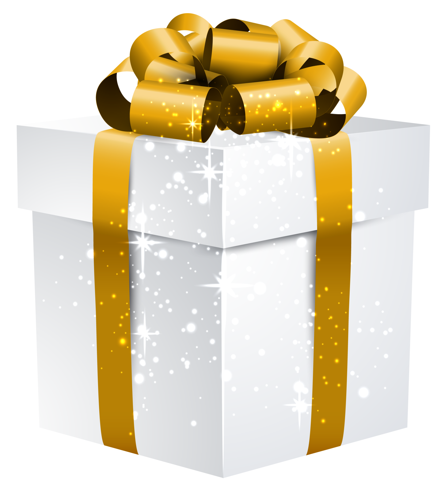 a white gift box with gold ribbon and bow