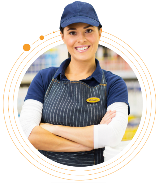 a woman in an apron and hat with her arms crossed