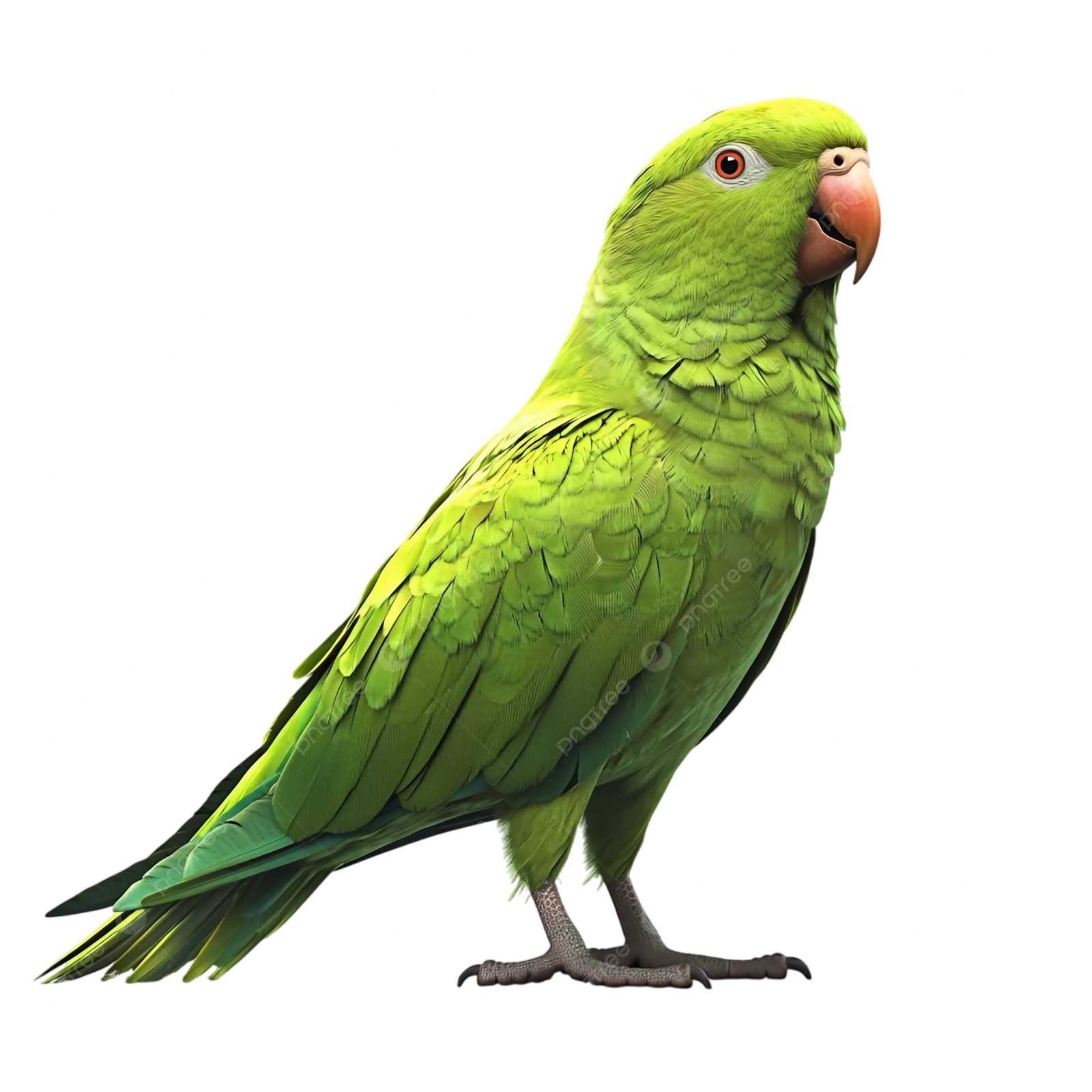 a green parrot sitting on top of a white background