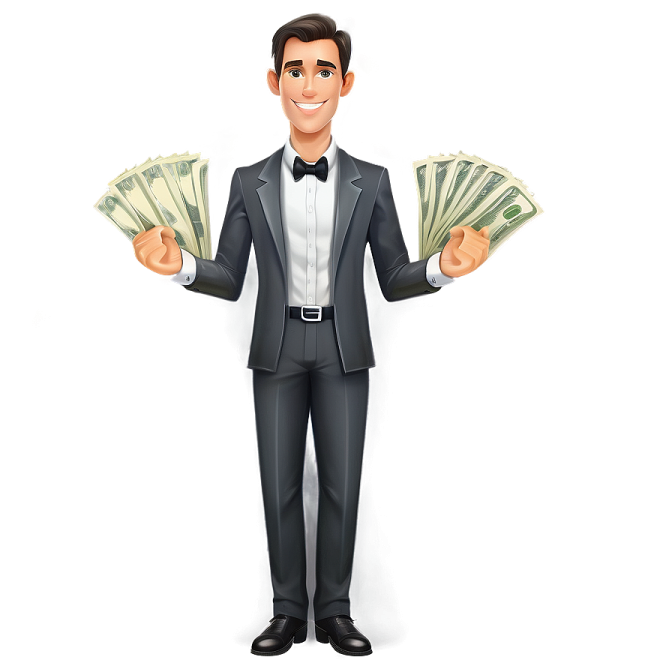 a cartoon man in a tuxed suit holding money