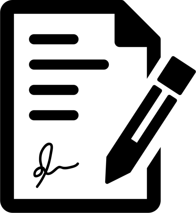 a black and white icon of a paper with a pen