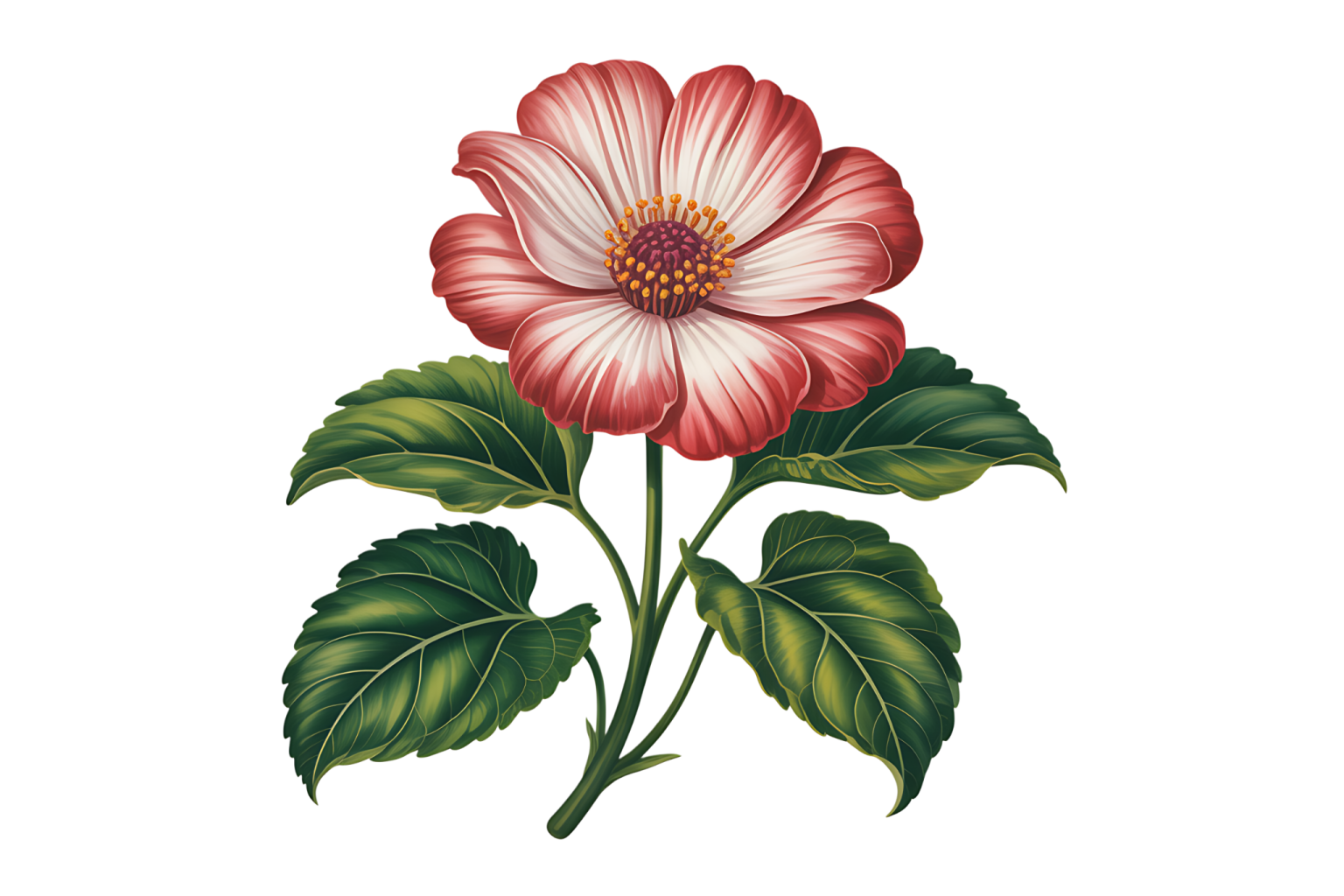 a pink flower with green leaves on a white background