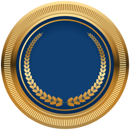 a gold medal with a blue background