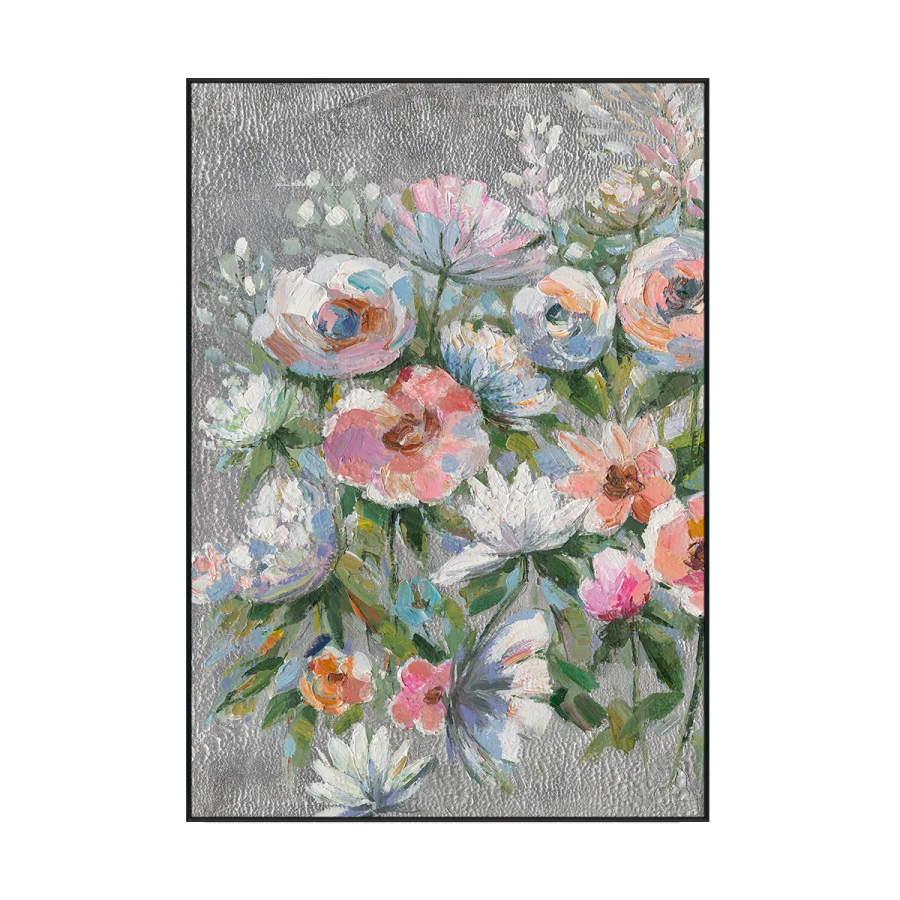 a painting of flowers on a gray background