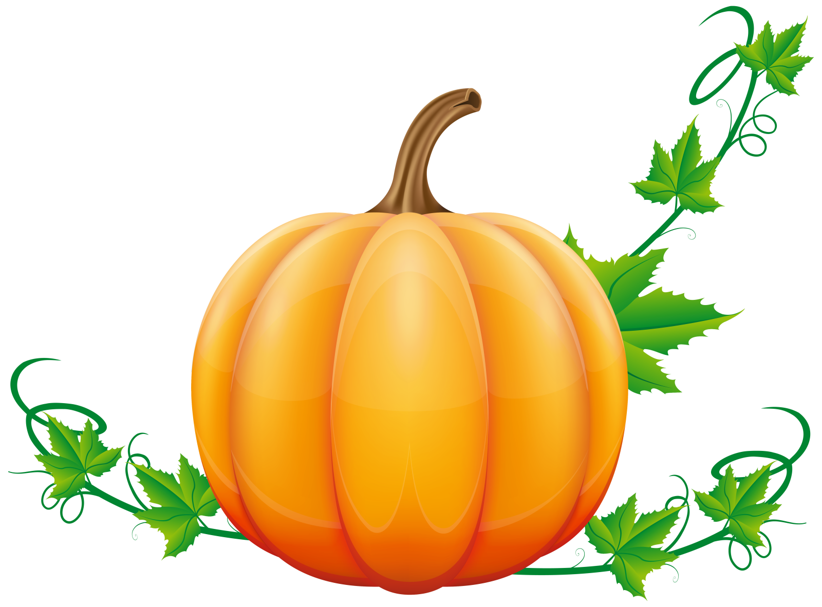 a pumpkin with green leaves on it