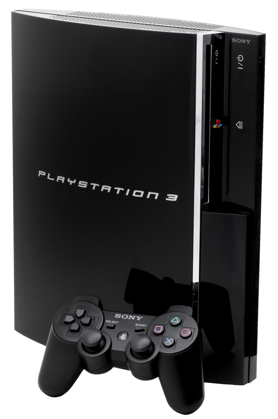 a black playstation game system with two controllers