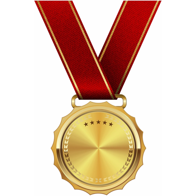 a gold medal with red ribbon