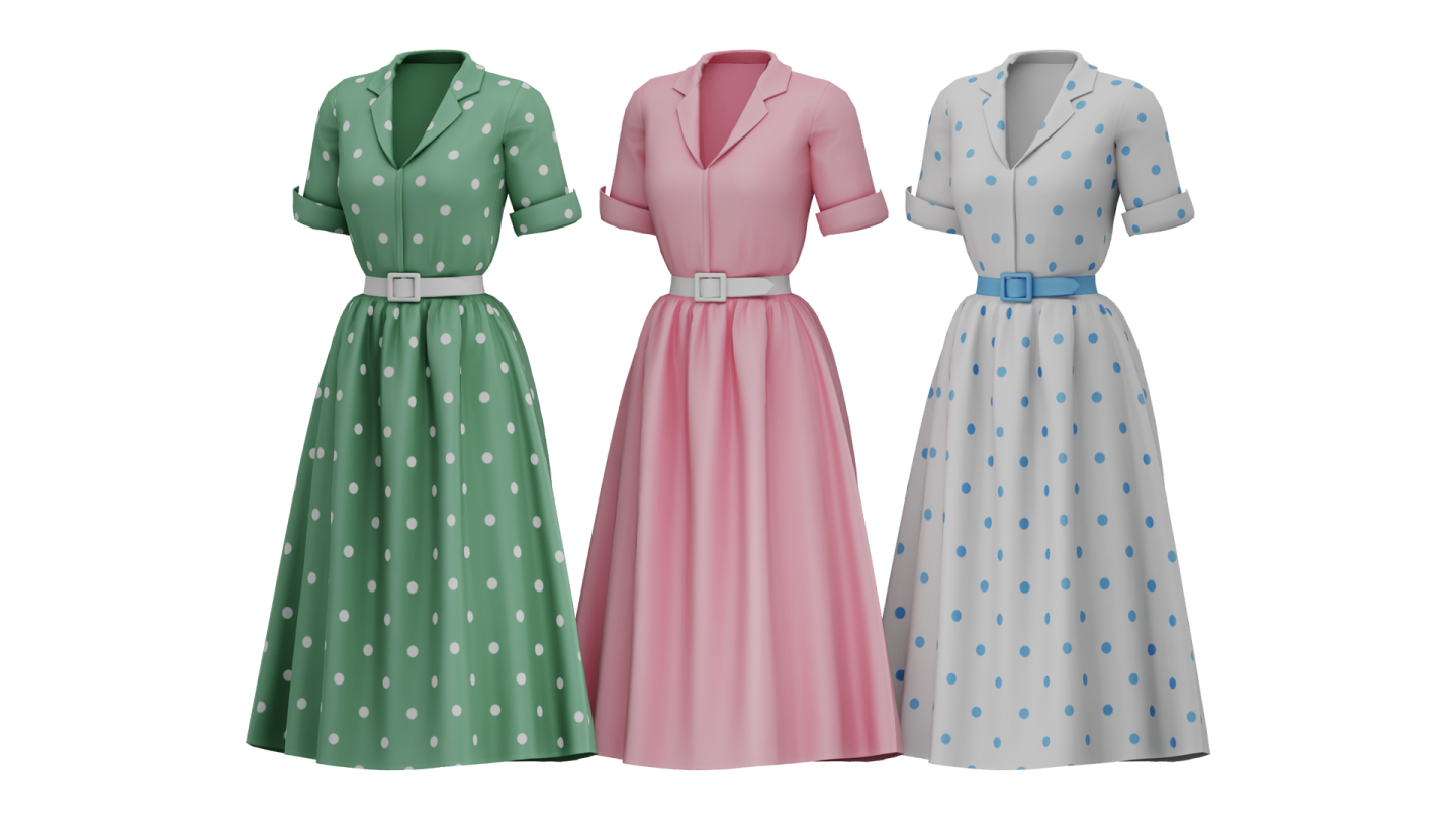 three women's dresses in different colors