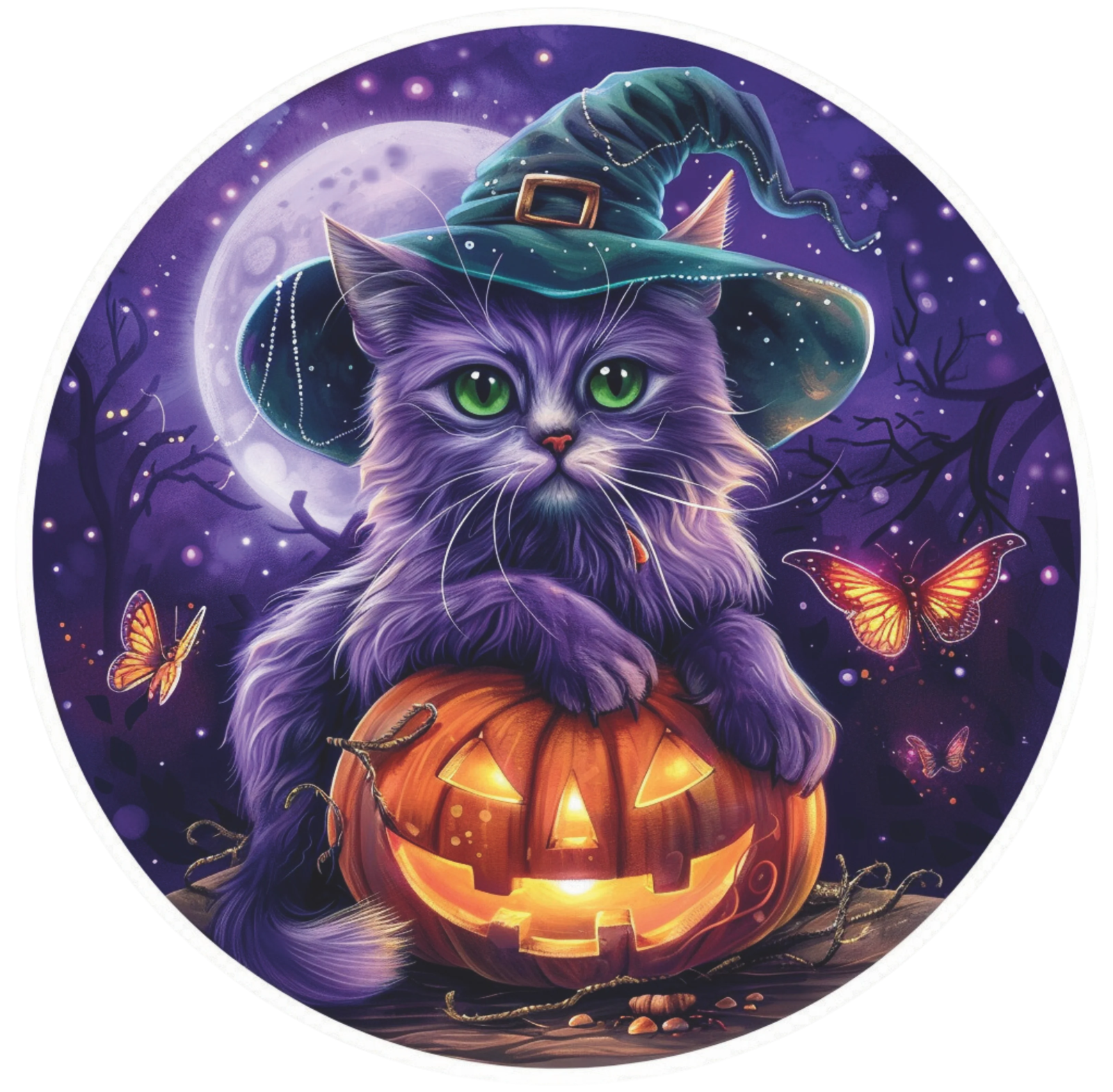 a cat wearing a witch hat sitting on top of a pumpkin