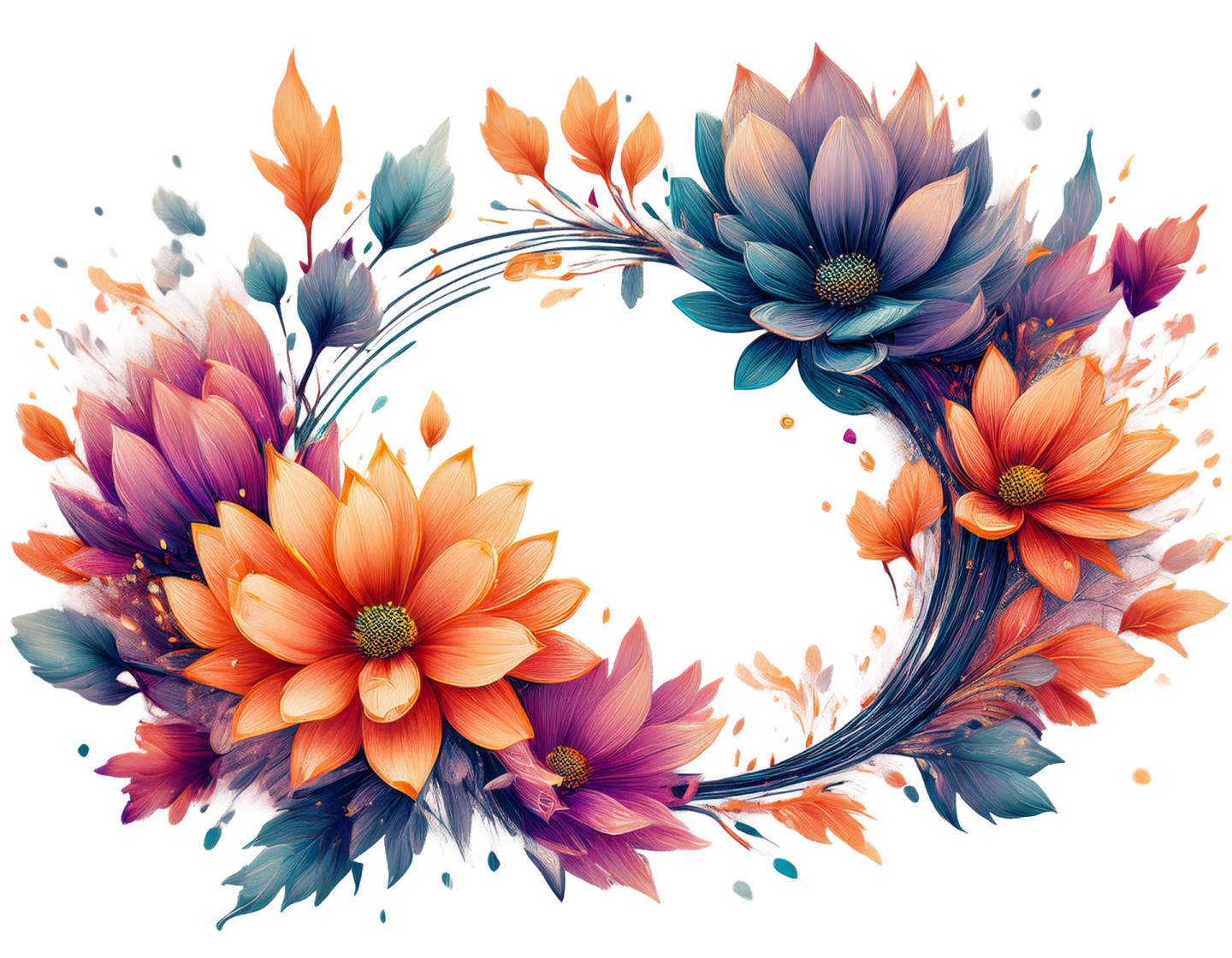 a floral wreath with orange and blue flowers