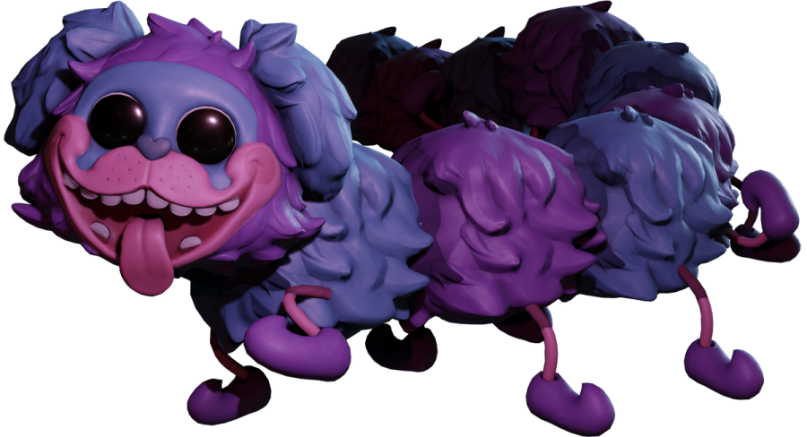 a purple and black dog with its mouth open