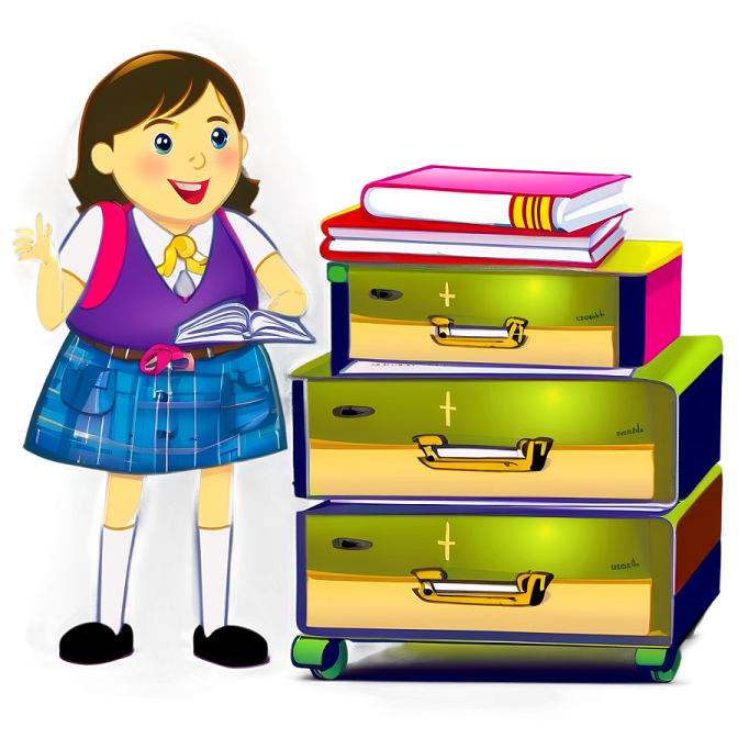 a girl standing next to a stack of books