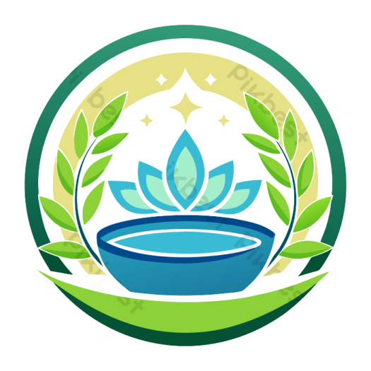 a blue bowl with green leaves around it