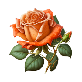 an orange rose with green leaves on it