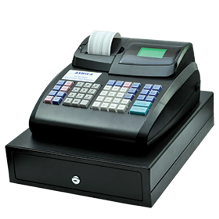 a black cash machine with a white background