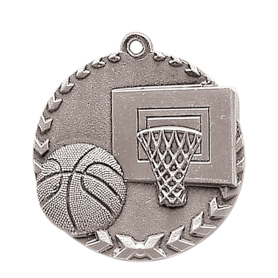 a basketball medal with a ball and hoop