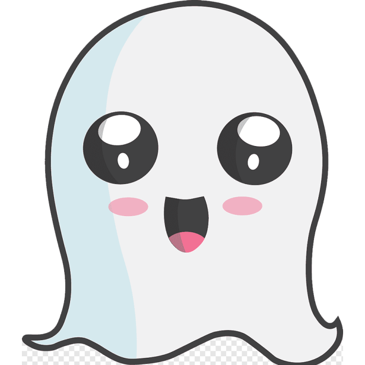 a white ghost with black eyes and a pink nose