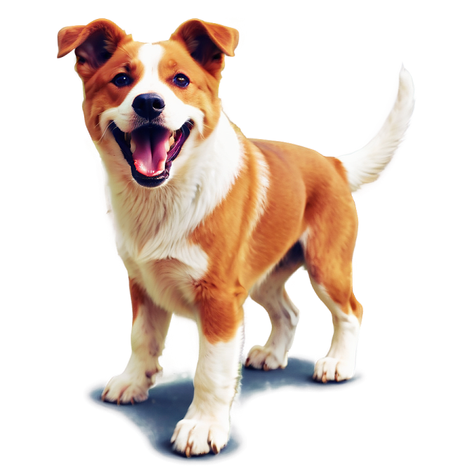 a brown and white dog standing on a white surface