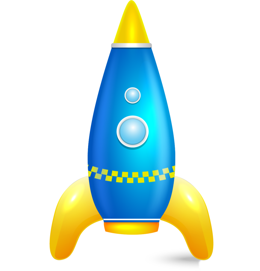 a blue and yellow rocket on a white background