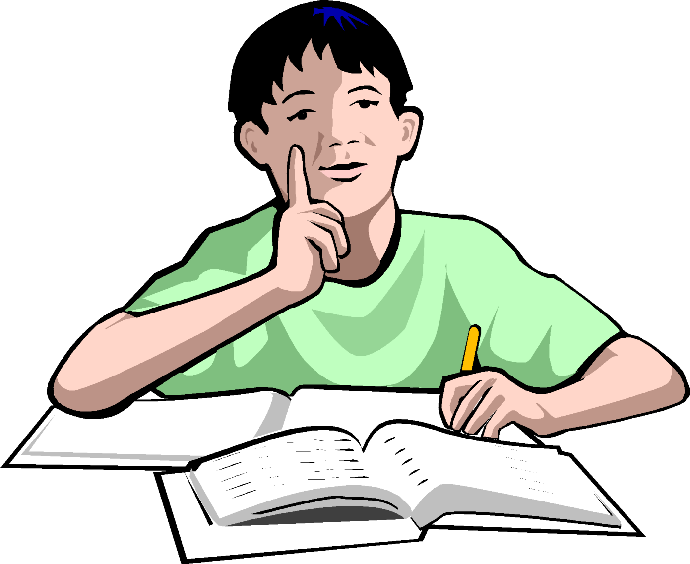 a boy sitting at his desk with a book and pencil