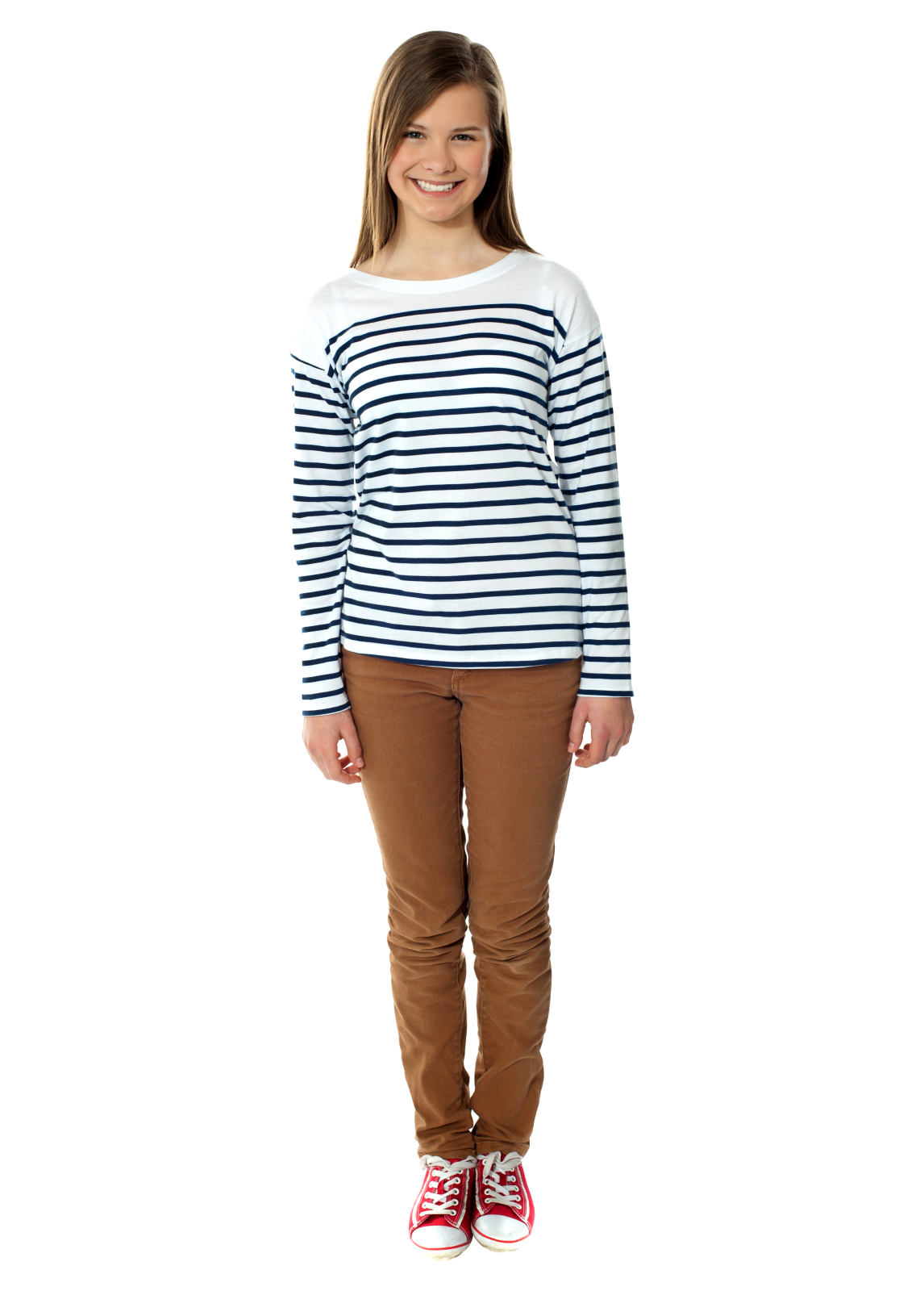 a little girl wearing a striped shirt and brown pants