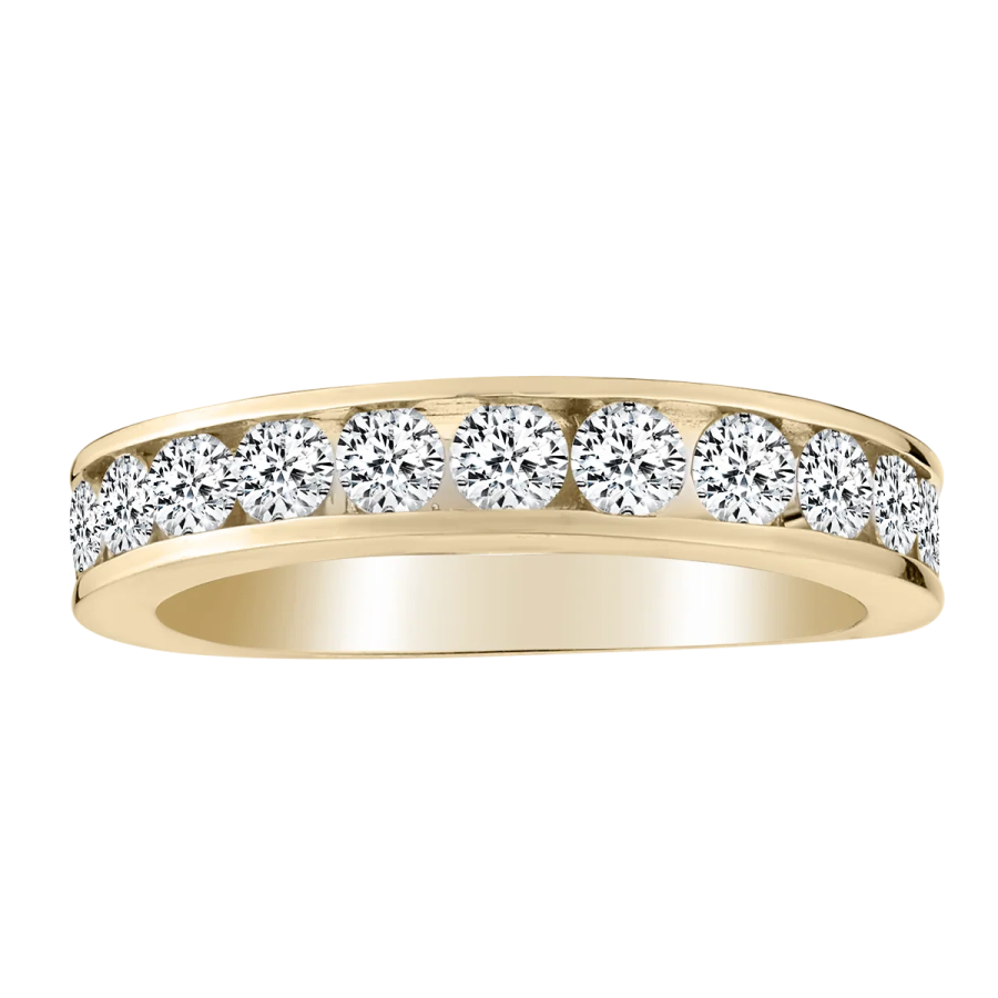 a yellow gold wedding band with five round diamonds