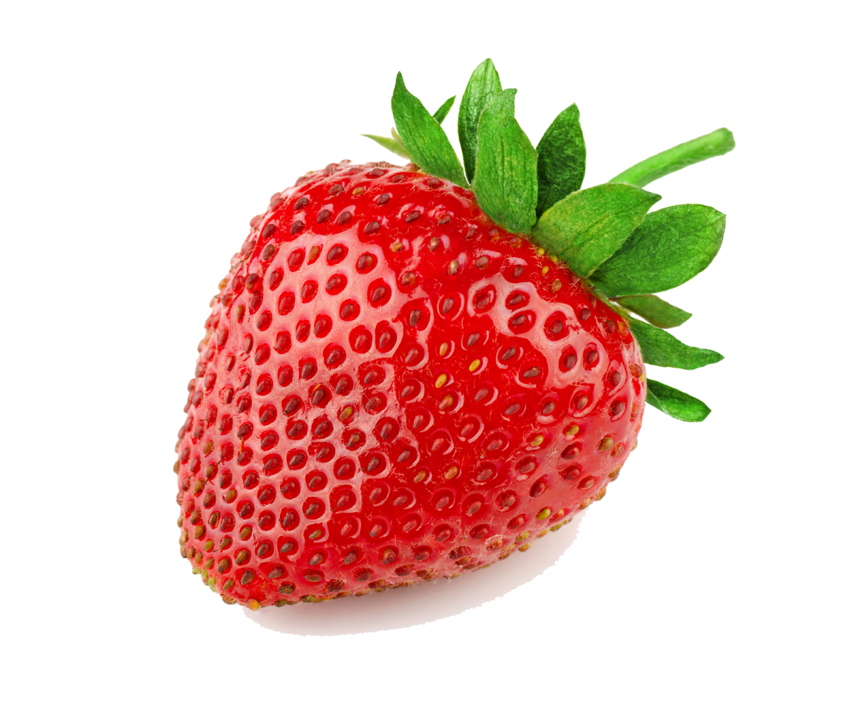 a strawberry with green leaves on it