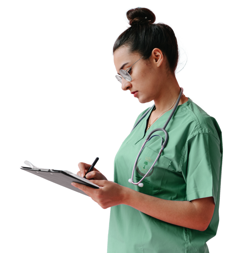 a female doctor writing on a clipboard
