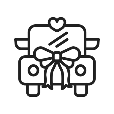 a black and white icon of a car with a bow