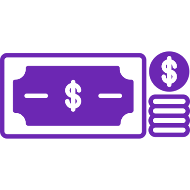 a purple and white icon of money