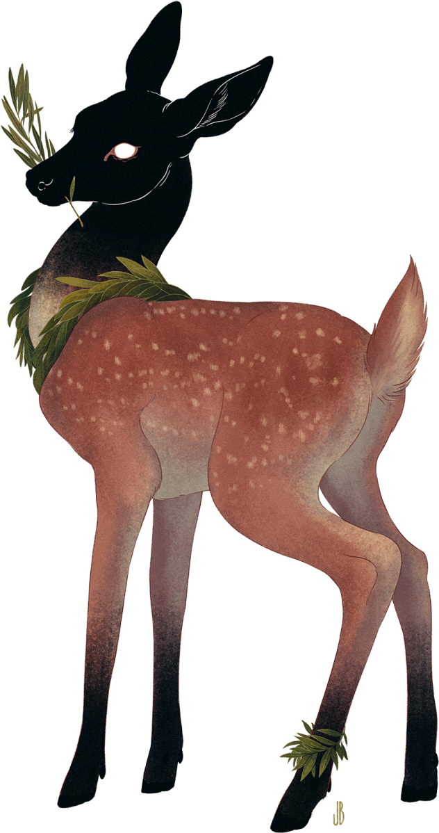 a drawing of a deer with leaves in its mouth
