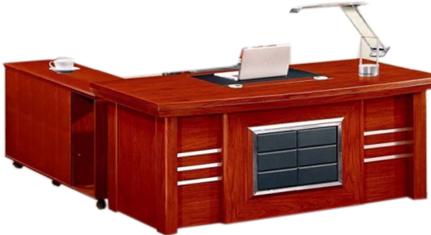an office desk with a computer on top