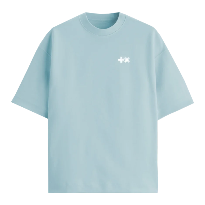 a light blue t - shirt with white logo