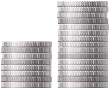a stack of silver camera lenses on white background