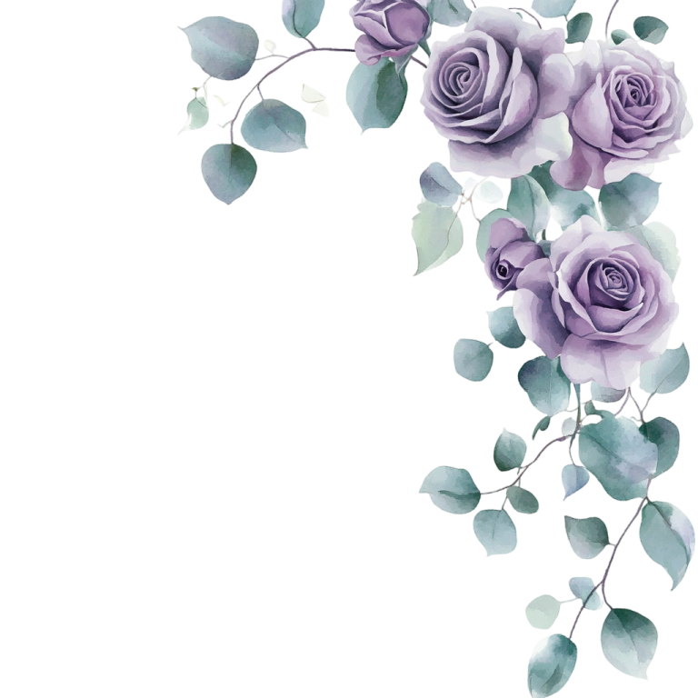 a watercolor painting of purple roses and green leaves