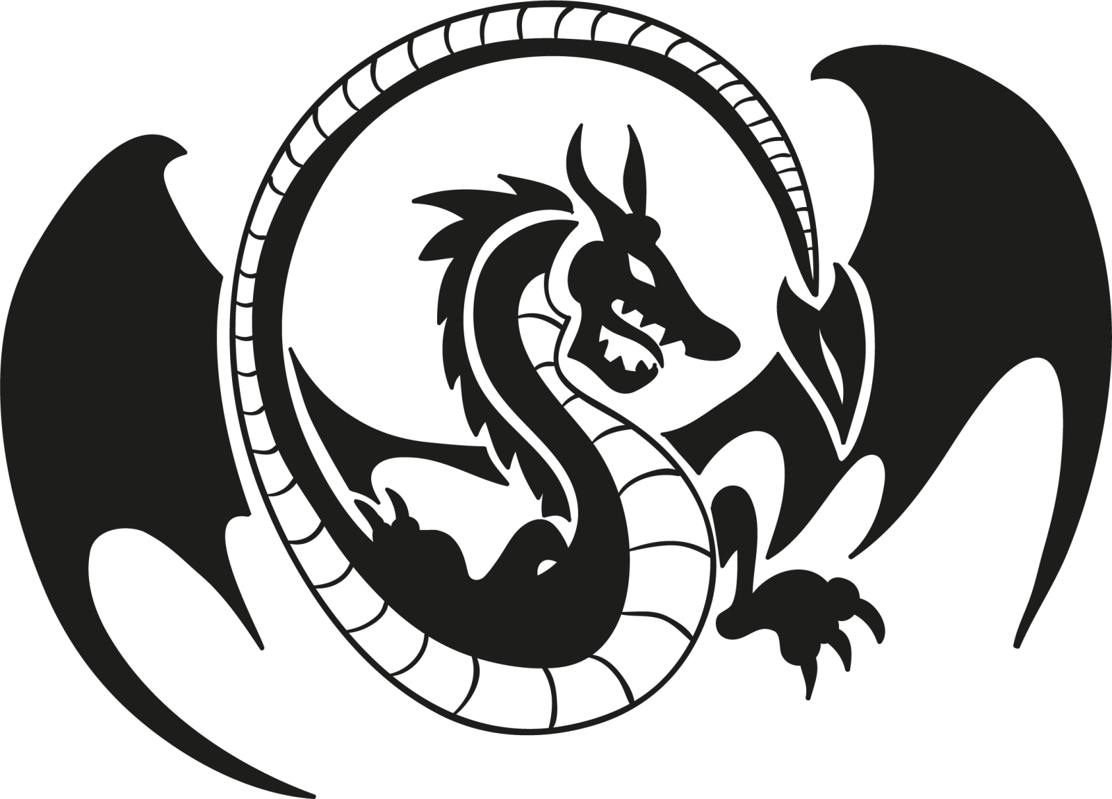 a black and white dragon in the shape of a circle