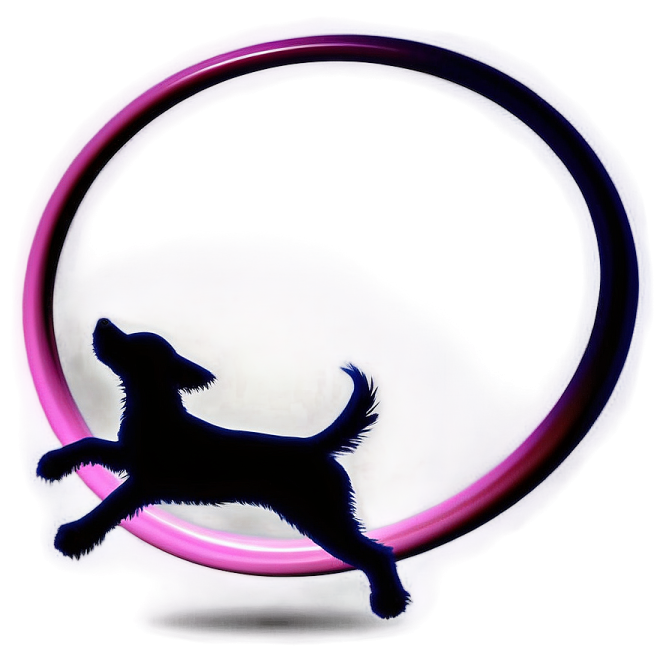 a black dog jumping through a pink ring