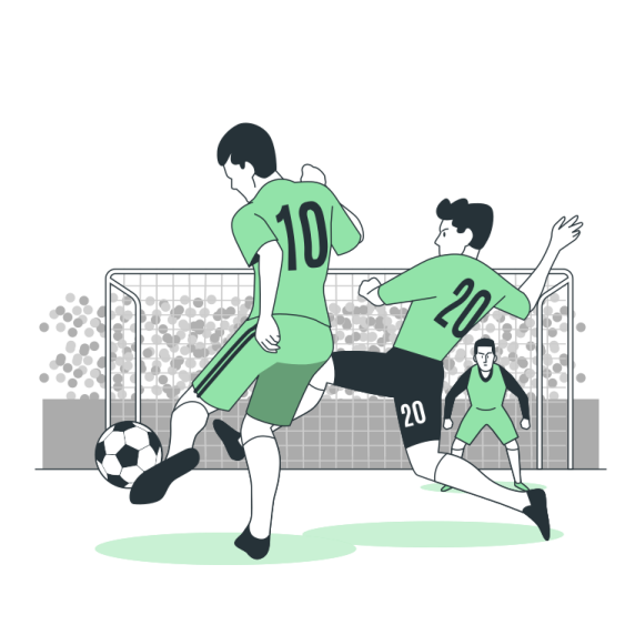 two men playing soccer in front of a goal
