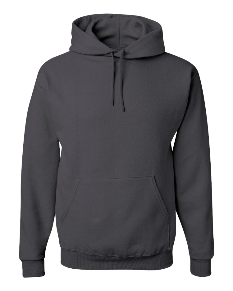 a dark grey hoodedie sweatshirt with the hood up