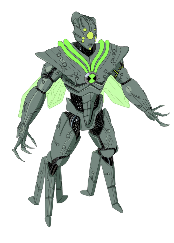 a drawing of a robot with green and black accents
