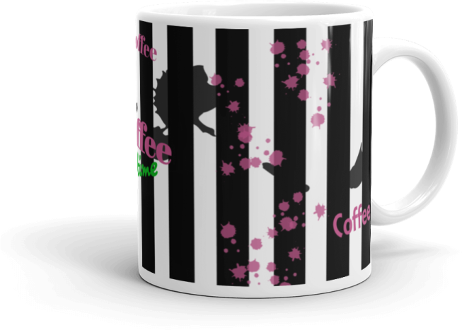 a black and white striped mug with pink flowers on it