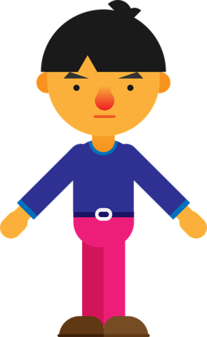 a cartoon character with a blue shirt and pink pants