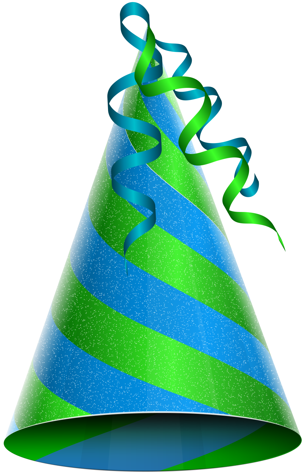 a blue and green party hat with a ribbon